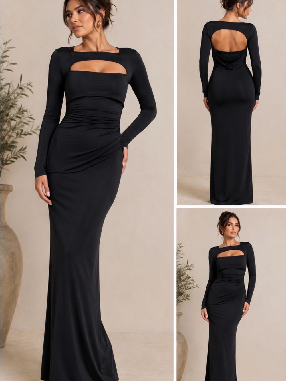 WT BHome Black Long Sleeve Cutout Ruched Maxi Dress Size S